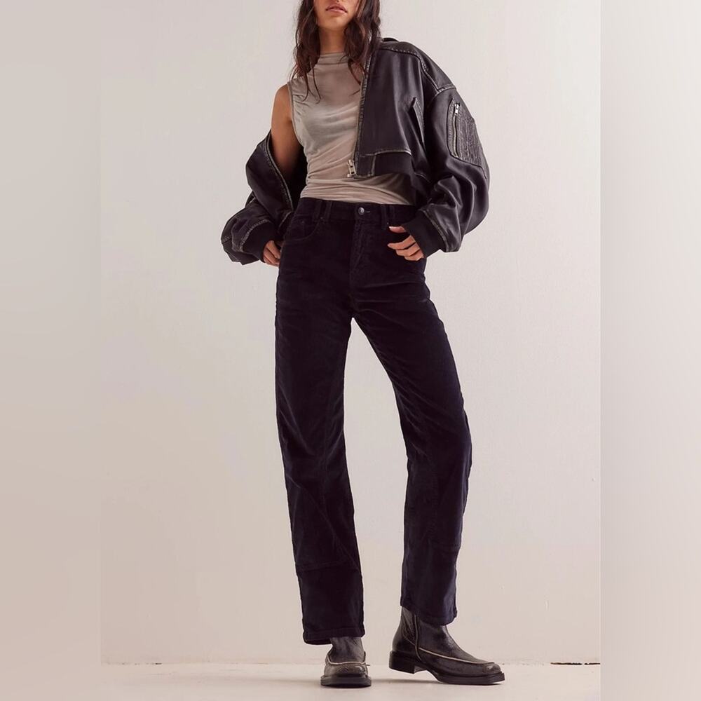 NEW FREE PEOPLE RISK TAKER‎ BLACK CORDUROY STRAIGHT LEG PANTS MSRP $128 SZ 25